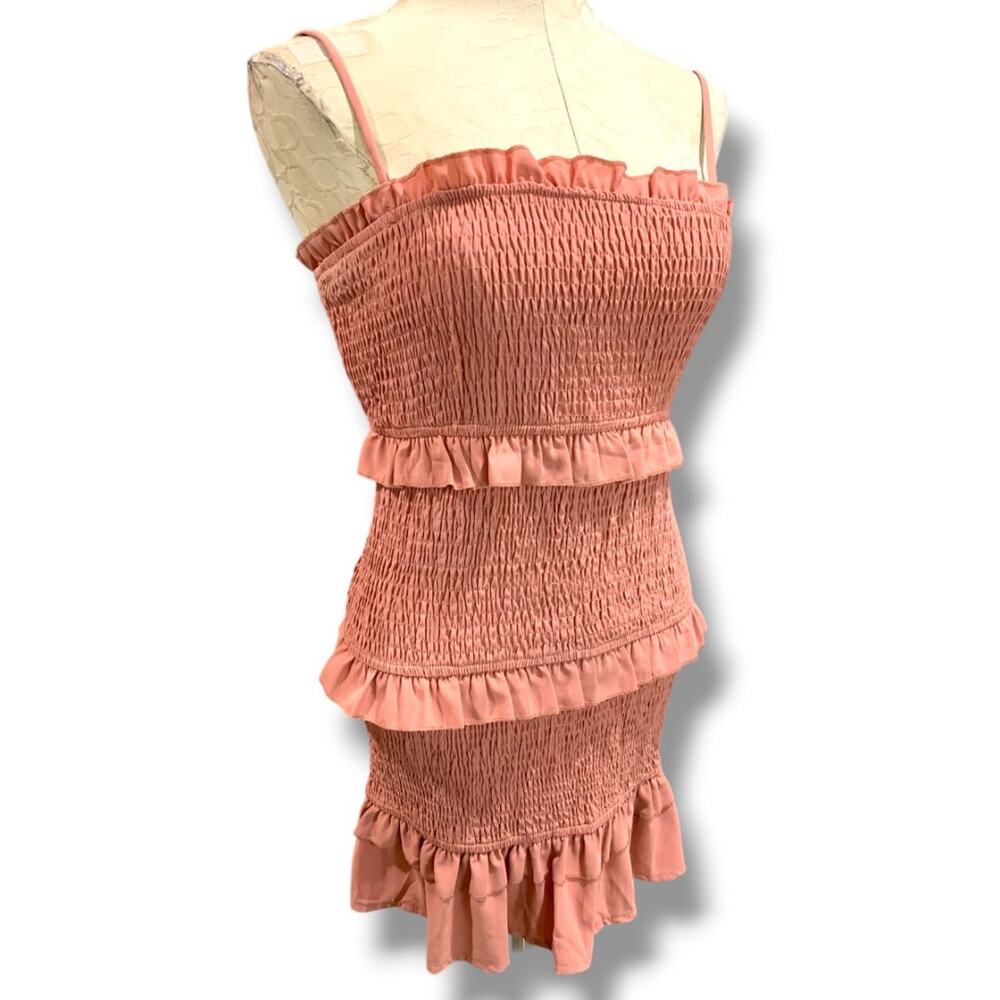 Large Hello Molly Smocked Ruffled Dress Fitted Spaghetti Straps Pink